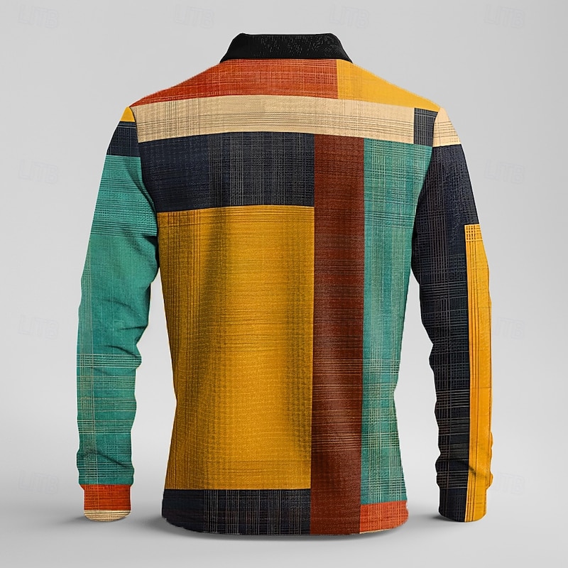 Men's Plaid Waffle Polo Shirts Golf Shirt Long Sleeve Polo Shirts Collared Shirts Vintage Casual Vacation Wear Formal Wear Festival Wear Buttons 3D Print Spring Fall Winter Yellow2