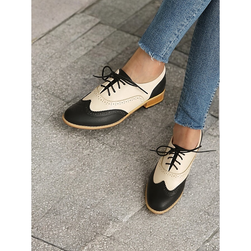 Women's Two-Tone Oxford Shoes - Black and White Vintage Lace-Up Brogues with Low Heel for Retro Casual and Formal Wear4