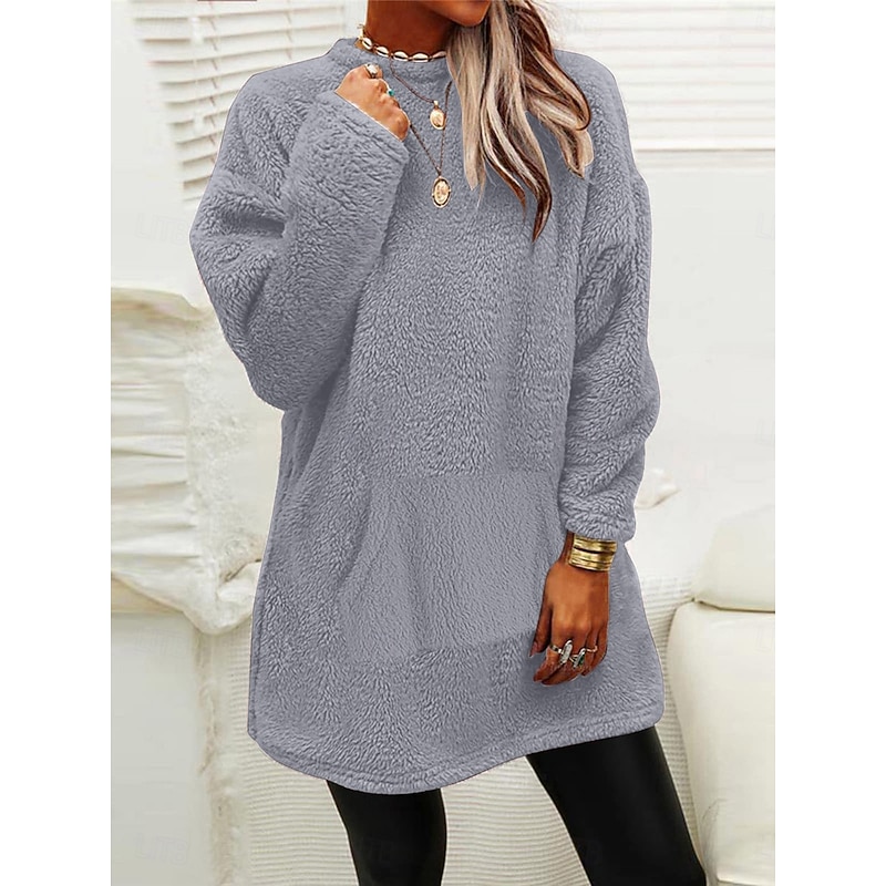 Women's Sweatshirt Casual Sherpa Plain Dailywear Crew Neck Pocket Long Sleeve Pink Blue Green Gray Fall Winter3