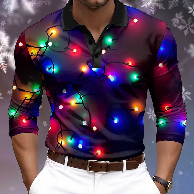 Christmas Men's Lanterns Polo Shirts Golf Polos Shirts Long Sleeve Polo Shirts Collar Casual Vacation Party Evening Wear Dailywear 3D Print Buttons Spring Fall & Winter Multi Color