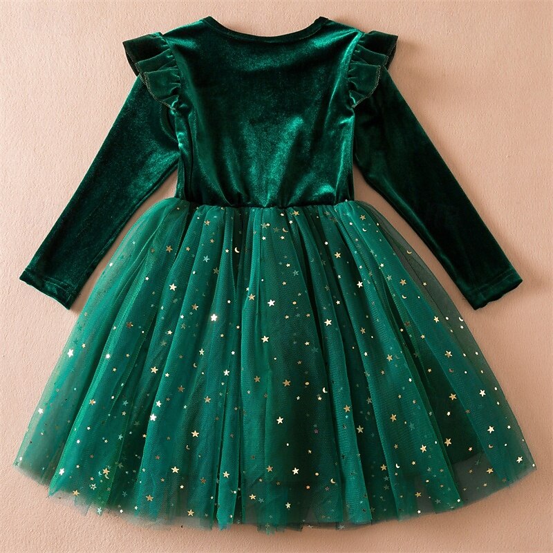 Kids Girls' Party Dress Solid Color Long Sleeve Performance Pegeant Christmas Party Sequins Ruffle Beautiful Sweet Polyester Maxi Party Dress Swing Dress A Line Dress Spring Fall 4 years+ Red Green4