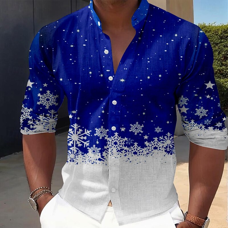 Christmas Men's Snowflake Christmas Scene Shirt Dress Shirt Button Up Shirt Long Sleeve Casual Vacation Party Evening Wear Daily Summer Spring &  Fall Grandad Collar Band Collar 3D Print Red Blue4