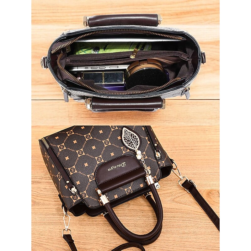 Elegant Women's Faux Leather Handbag with Red Accents and Gold Leaf Charm – Designer-Inspired Shoulder Bag with Adjustable Strap3