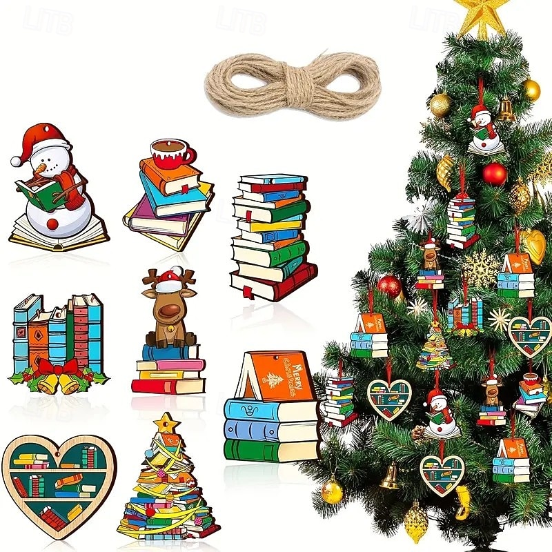 24pcs Christmas Book Decoration Set, Vintage Wooden Tree Ornaments with Snowman, Reindeer, and Bells, Perfect for Holiday and Everyday Décor