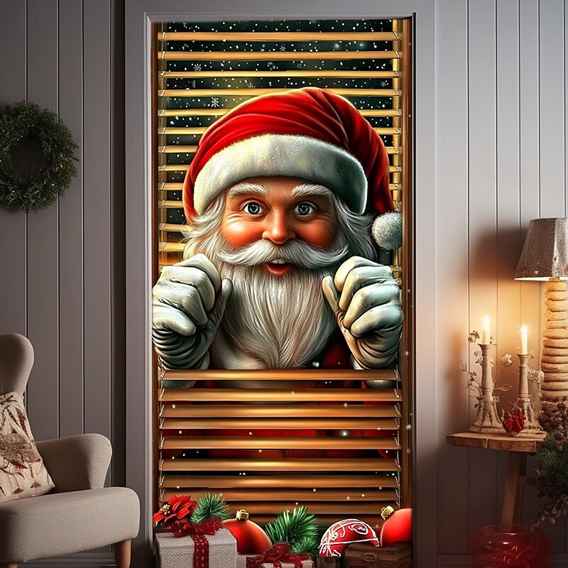 Christmas Door Decorations Door Covers Santa Claus Xmas Door Tapestry Door Curtain Decoration Backdrop Indoor/Outdoor Door Banner for Front Door Farmhouse Fence