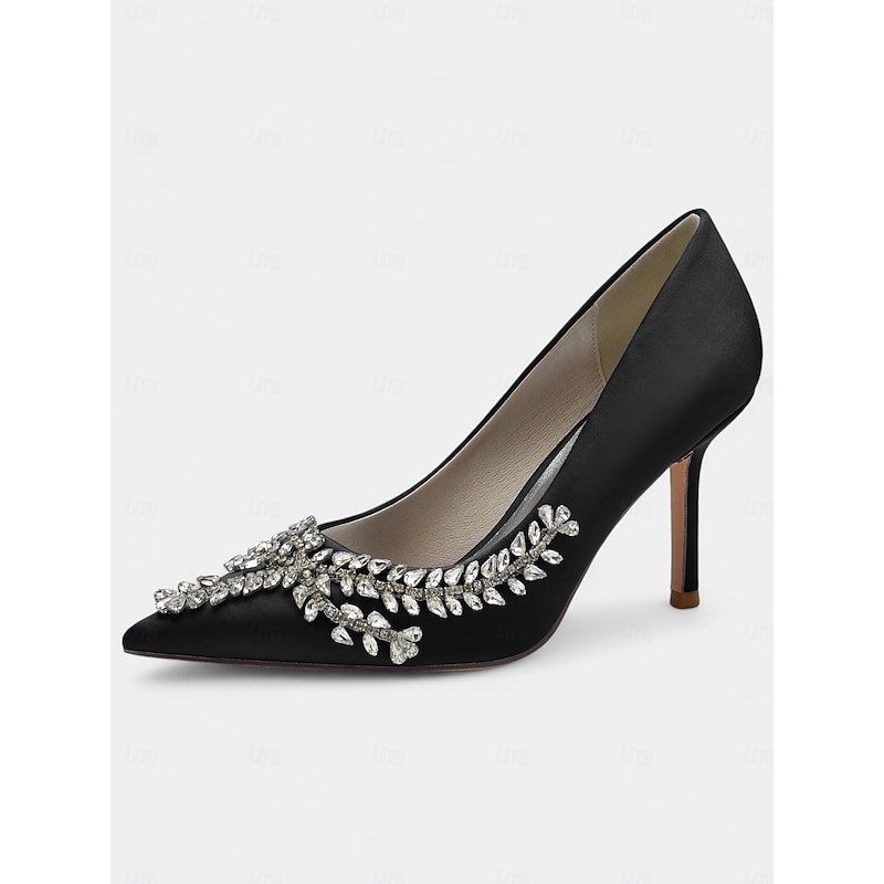 Women's Rhinestone-Embellished Satin Stiletto Heels – Elegant Pointed Toe Pumps for Evening Parties and Formal Events 11