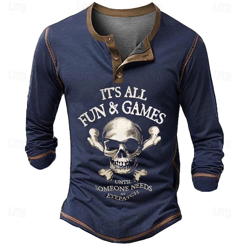 Men's Halloween Skulls Henley Shirt Long Sleeve 3D Print Cowboy Athleisure Street Style Casual Holiday Summer Spring Fall Black Navy Blue Henley Henley T-Shirt