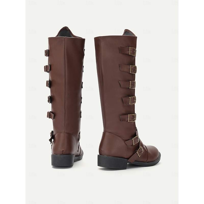 Women's Brown Multi-Buckle Knee-High Western Boots - Vintage Style with Rugged Sole for Outdoor and Casual Wear4