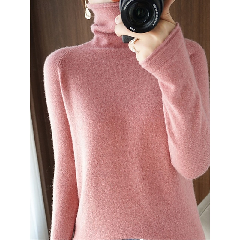 Women's Sweater Pullover Sweater Jumper Casual Soft Pure Color Ribbed Turtleneck Knitted Long Sleeve Regular Tops Knit Outdoor Daily Weekend Pink Camel Fall Winter