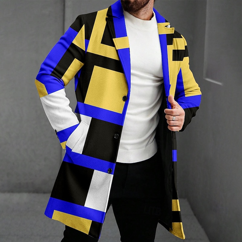 Men's Geometric Winter Coat Fleece Jacket Overcoat Thermal Comfortable Casual Party Evening Wear Daily Wear 3D Print Buttons Front Pocket Winter Turndown Long Sleeve Red Blue Green4