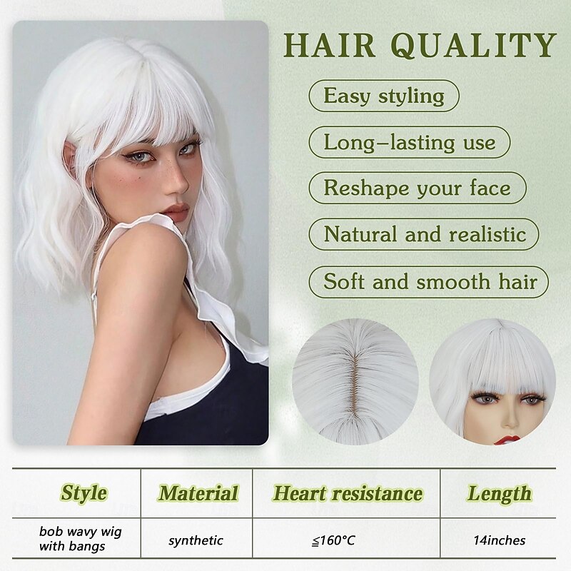 Short Bob Wigs with Bangs for Women White Loose Wavy Wig Curly Wavy Shoulder Length Bob Synthetic Cosplay Wig for Girl Colorful Christmas Party Wigs2