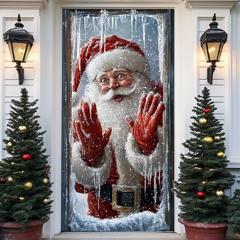 Christmas Door Decorations Door Covers Santa Claus Xmas Snow Door Tapestry Door Curtain Decoration Backdrop Indoor/Outdoor Door Banner for Front Door Farmhouse 5