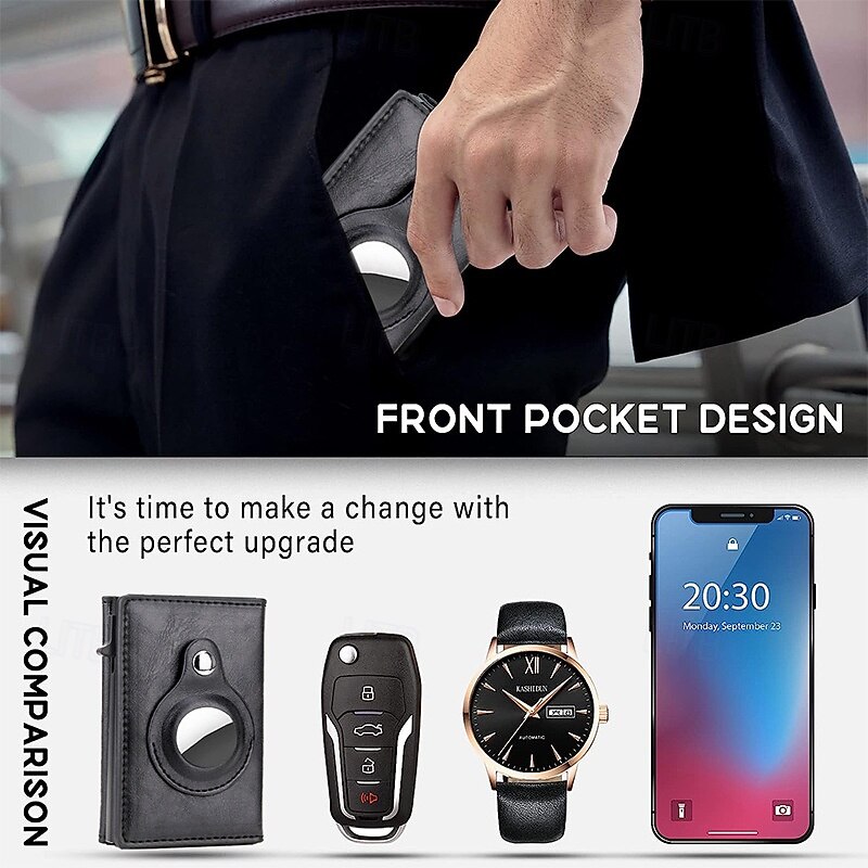 Slim Wallet for AirTag with Money Holder Multifunction Solid Color PU Leather Trifold Wallet with Card Slot ID Window RFID Technology Credit Card Holder2