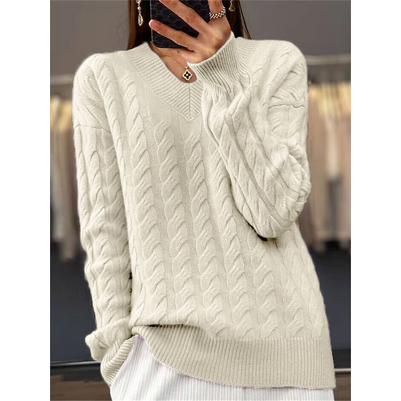 Women's Sweater Pullover Sweater Jumper Casual Soft Pure Color Cable V Neck Knitted Long Sleeve Regular Tops Knit Outdoor Daily Weekend Camel Purple Fall Winter2