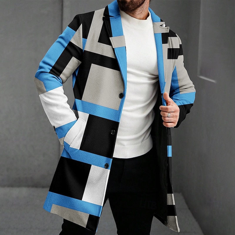 Men's Geometric Winter Coat Fleece Jacket Overcoat Thermal Comfortable Casual Party Evening Wear Daily Wear 3D Print Buttons Front Pocket Winter Turndown Long Sleeve Red Blue Green