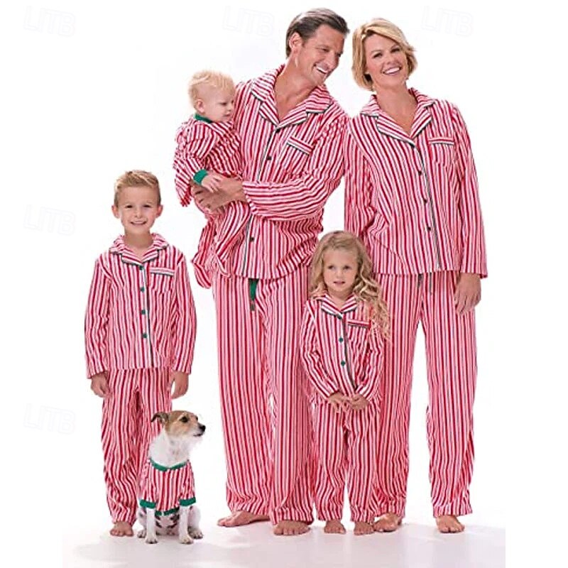 Family Christmas Pajamas Nightwear Men's Women's Boys' Girls' Family Matching Outfits Sweet Stripes Pattern Adults Kid's Christmas New Year Christmas Eve Vacation Home Wear Top Pants4