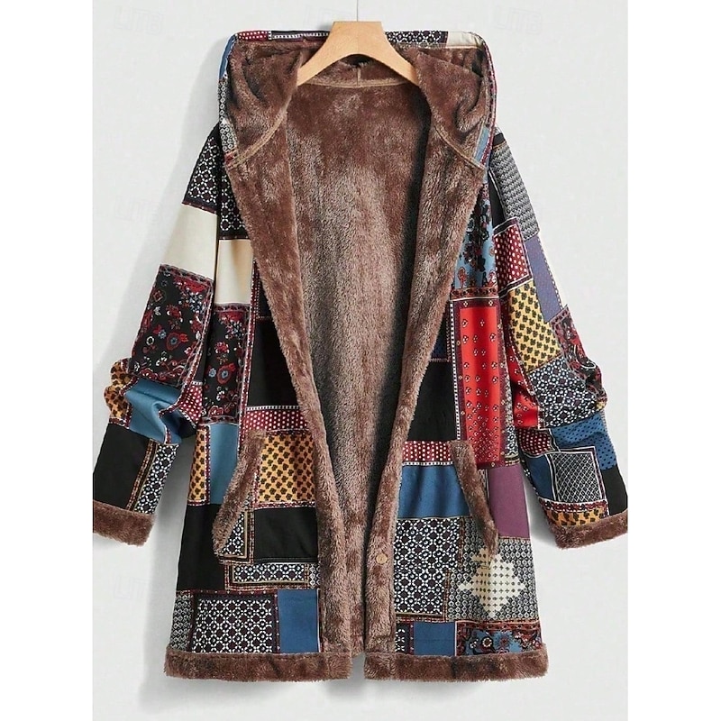 Women's Winter Coat Hoodie Jacket Outdoor Street Daily Wear Fall Winter Long Coat Regular Fit Thermal Warm Breathable Stylish Casual Jacket Long Sleeve Stripes and Plaid with Pockets Full Zip Red3