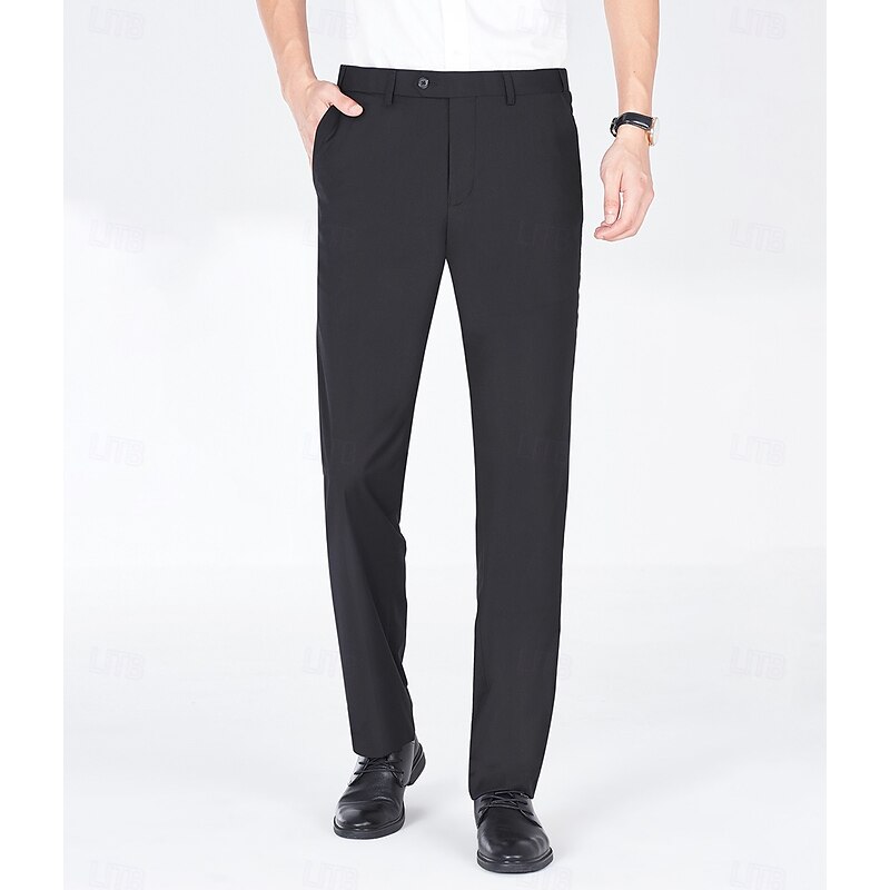 Black Men's Dress Pants Homecoming Long Solid Color Micro-elastic Standard Fit 2024
