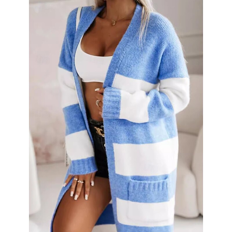 Women's Sweater Cardigan Casual Soft Striped Ribbed Open Front Pocket Knitted Long Sleeve Regular Tops Knit Outdoor Daily Weekend Blue Khaki Fall Winter4