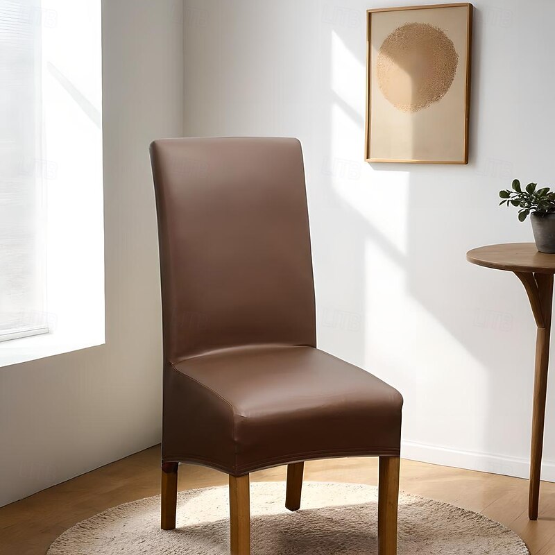 100% Waterproof Dining Chair Cover Black Stretch Chair Slipcover PU Leather High Back Chair Seat Cover Protector with Elastic Band for Dining Room,Wedding4