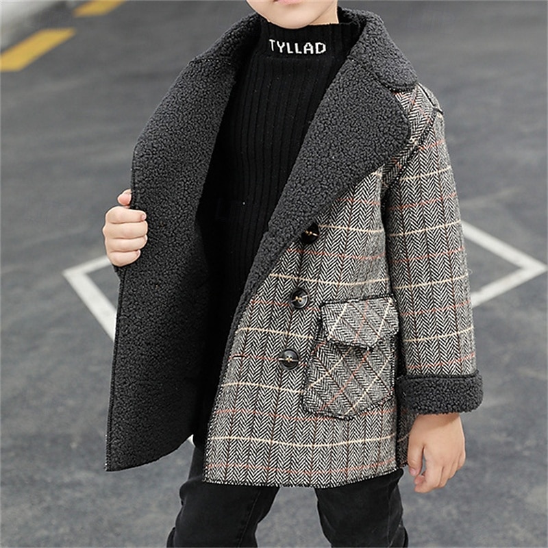 Kid's Boys' Woolen Coat Outerwear Plaid Long Sleeve Patchwork Pocket Coat Outdoor Fashion Daily Brown Gray Fall Winter 7-13 Years