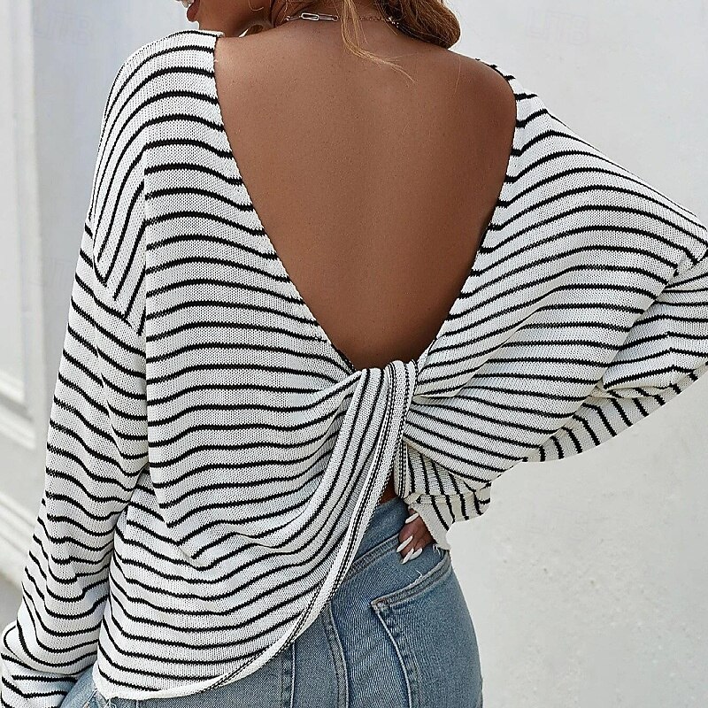 Women's Sweater Streetwear Daily Stylish Striped Boat Neck Knitted Long Sleeve Regular Tops Knit Work White / Black Fall Winter2