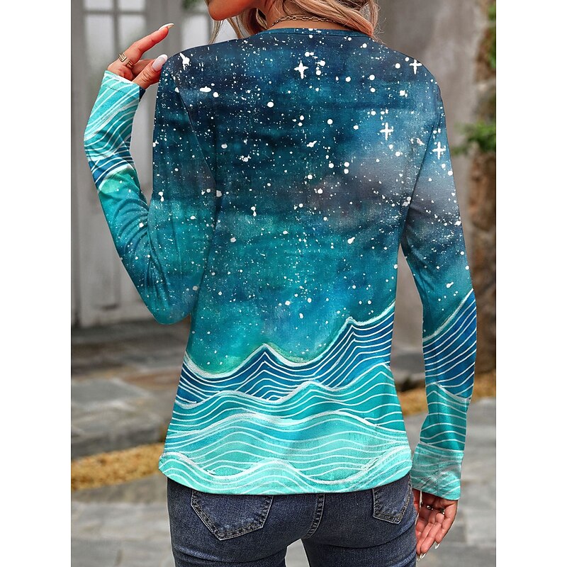 Women's T shirt Crew Neck Long Sleeve Tunic Ombre Casual  Regular Tops Daily Print Blue Spring Fall2