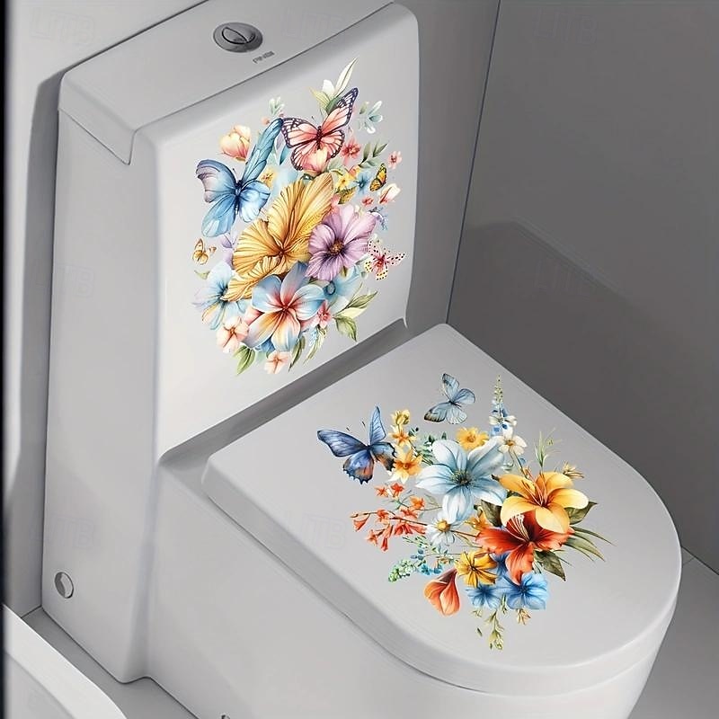 PVC Flower Butterfly Toilet Cover Toilet Tank Decoration Stickers, Waterproof Self-adhesive Removable Bathroom Wall Stickers, Modern Home Decoration4