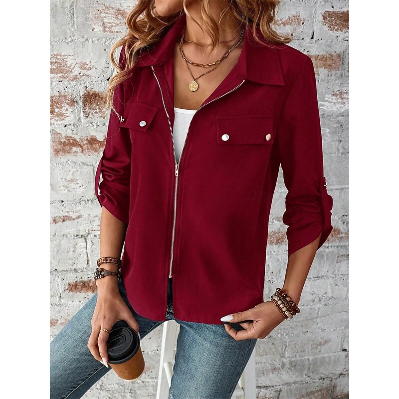 Women's Winter Jacket Outdoor Street Daily Wear Fall Winter Short Coat Regular Fit Thermal Warm Breathable Stylish Casual Jacket Long Sleeve Plain with Pockets Full Zip Wine Blue Gray4