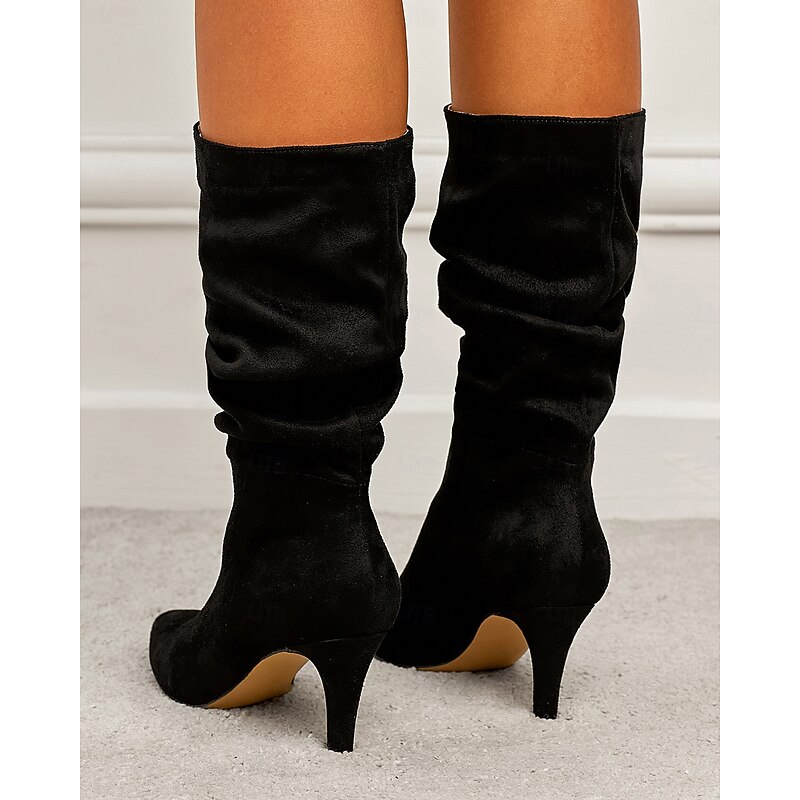 Women's Brown Suede Slouchy Mid-Calf Boots - Elegant Pointed Toe Stiletto Heels, Perfect for Autumn Casual and Party Outfits3