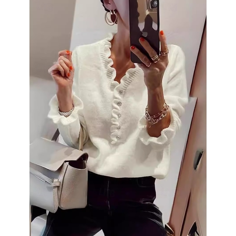 Women's Sweater Elegant Daily Solid Color V Neck Ruffle Long Sleeve Regular Tops Knit Work White Light Blue Fall Winter