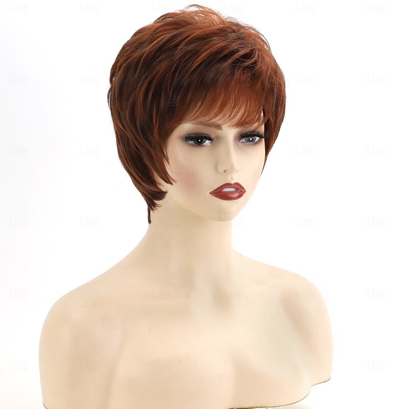Casual Ren&Brown Short Wig Natural Looking Synthetic Wigs for Ladies Daily Cosplay Hair Wig4