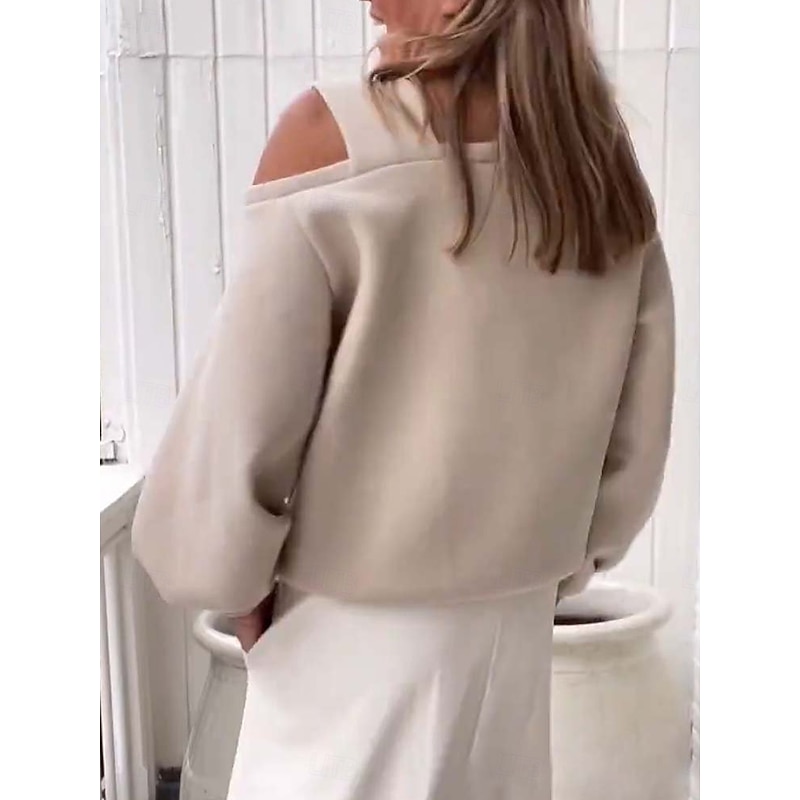 Women's Sweatshirt Casual Plain Street Dailywear V Neck Long Sleeve Black White Beige Fall Winter 5