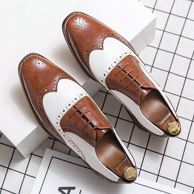 Men's Brown and White Wingtip Oxford Brogue Spectator Shoes, Gatsby-Inspired Genuine Leather Vintage Dress Shoes for 1920s Party, Wedding, and Formal Events2
