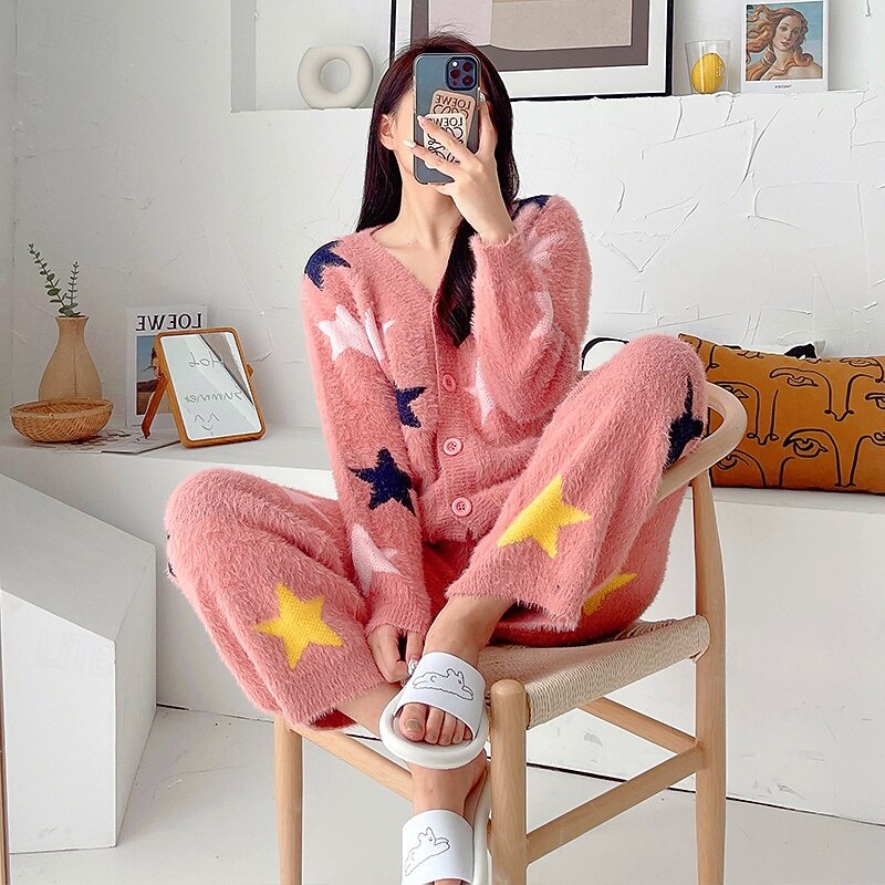 Women's Pajamas Loungewear 2 Pieces Graphic Active Casual Home Daily Fleece Warm Breathable V Neck Long Sleeve Cardigan Pant Fall Winter Home Outfits2