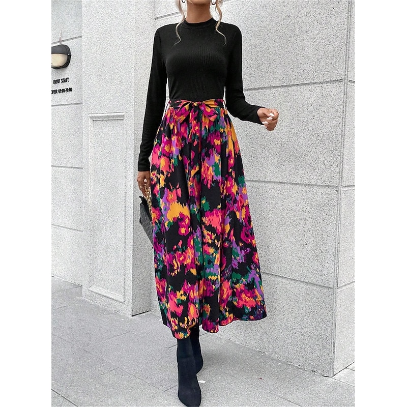 Women's Floral Stand Collar Maxi Dress Long Sleeve Spring Fall4
