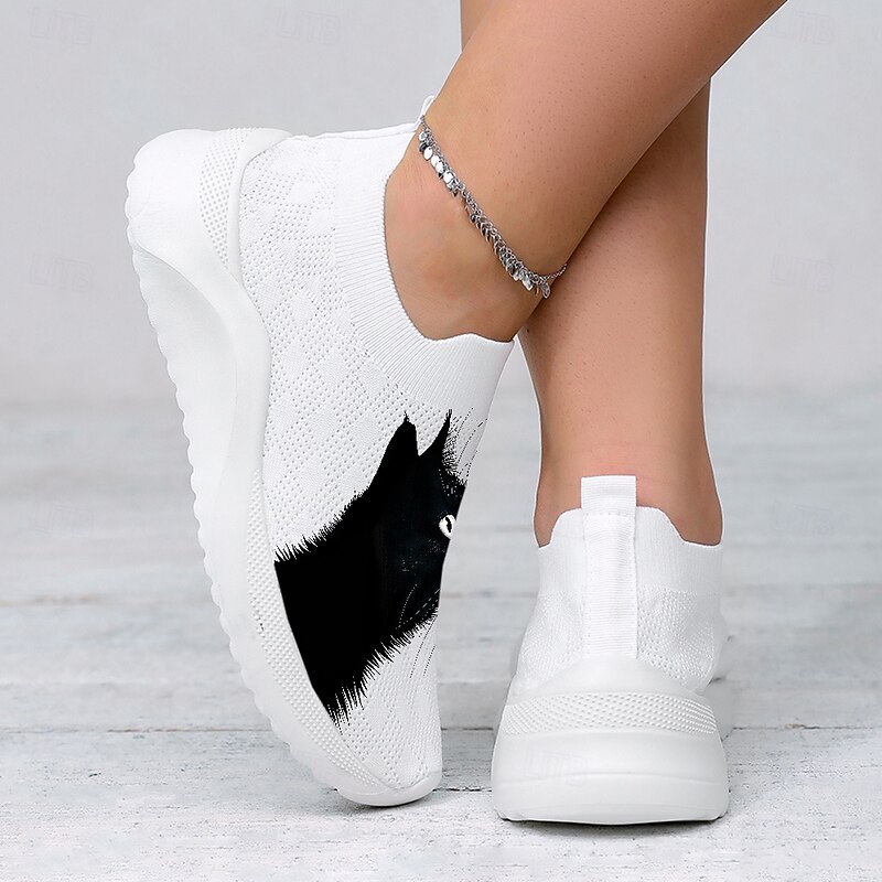 Women's White Slip-On Sneakers with Black Cat Print - Breathable Flyknit Casual Shoes for Everyday Comfort and Style3