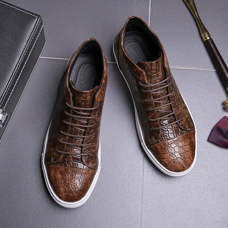 Men's Brown Crocodile Pattern Faux Leather Sneakers with Lace-Up Design and Comfortable White Sole for Casual and Stylish Everyday Wear2