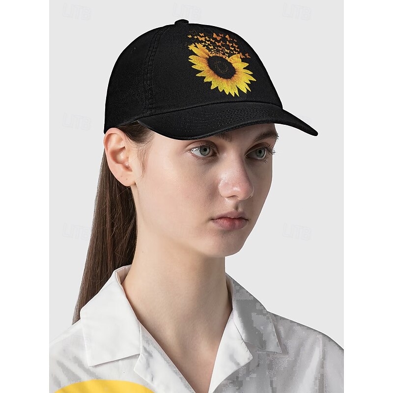 Women's Sunflower Baseball Cap with Butterfly Print - Casual Adjustable Hat for Outdoor Wear2