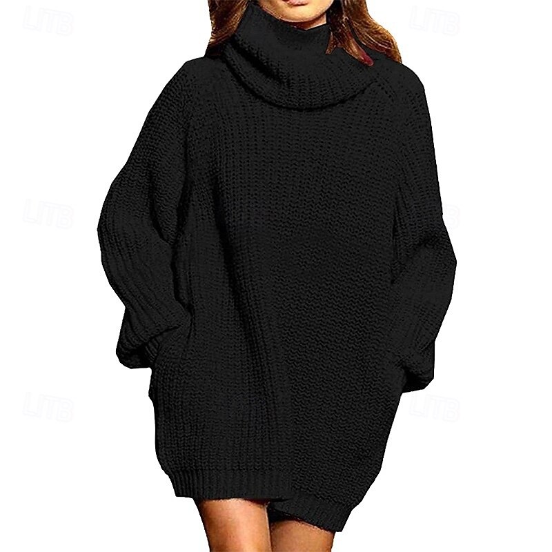 Women's Sweater Dress Casual Solid Color Turtleneck Knitted Long Sleeve Regular Tops Knit Daily Weekend Black Red Fall Winter