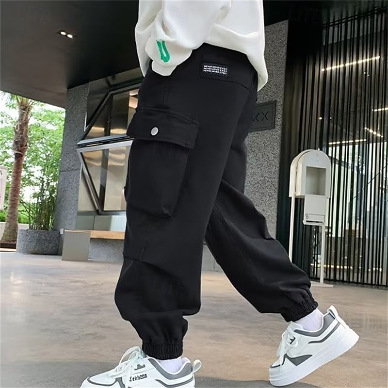 Kids Boys Pants Cargo Pants Trousers Patchwork Pocket Solid Color Breathable Soft Comfort Pants Outdoor Daily Basic Black Khaki Mid Waist2