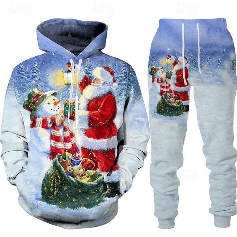 Christmas Men's Santa Claus 3D Hoodies Tracksuit Hoodies Set Red green Black White Red Navy Blue Hooded Graphic Santa Claus Snowman 2 Piece Print Sports & Outdoor Casual 3D Print Streetwear Designer