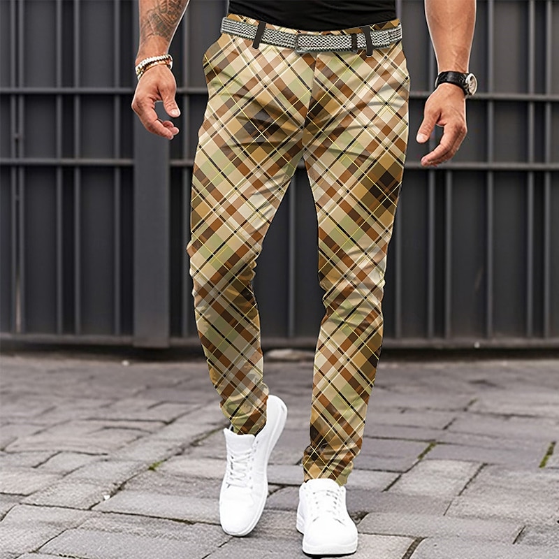 Men's Plaid Dress Pants Mid Waist Business Casual Formal Dailywear Zipper Pocket Summer Spring Fall 3D Print Black Blue khaki3
