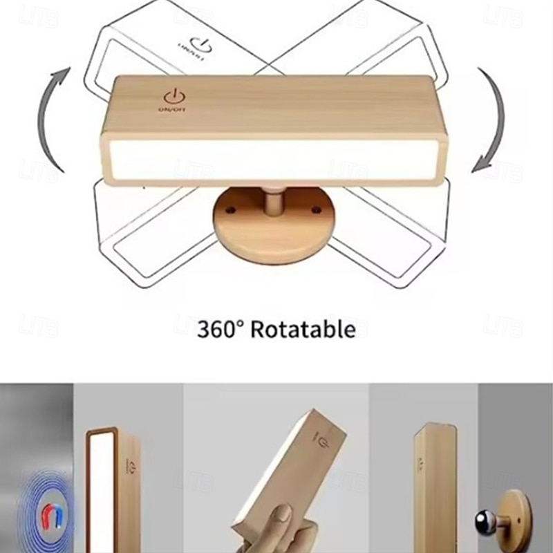 Nordic Wood Wall Lamp, 360° Rotating Dimmable Wall Sconce with Touchable Magnetic Cordless Mount for Bedroom & Reading4