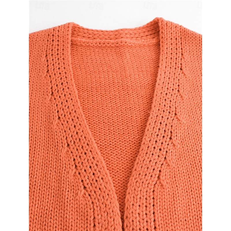 Women's Sweater Cardigan Casual Soft Pure Color Ribbed Open Front Pocket Knitted Long Sleeve Regular Tops Knit Outdoor Daily Weekend Orange Fall Winter3