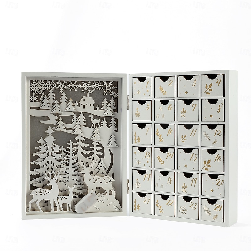 Christmas Wooden Advent Calendar Foldable Book with 24 Storage Drawers LED Wooden Advent Calendar Decoration with Christmas Tree House Reusable Xmas Countdown Calendar DIY for Adults Kids Gifts3