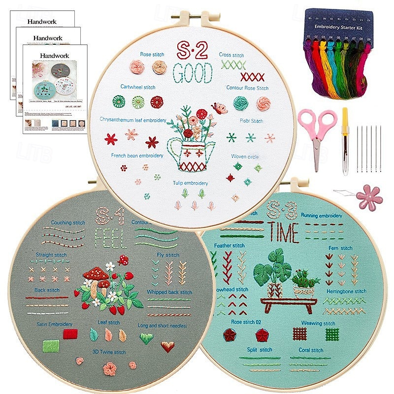 3 Sets Embroidery kit for Beginners AdultsLearn 33 Different Stitches DIY Kits Includes Stamped Flower Pattern Hoop Color ThreadsToolsEasy to Follow2