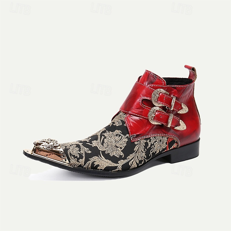 Men's Floral Jacquard Leather Ankle Boots–Premium Cowhide, Red and Black Brocade Design with Gold Tip Double Buckle Straps and Gold-Tipped Decorative Toes4
