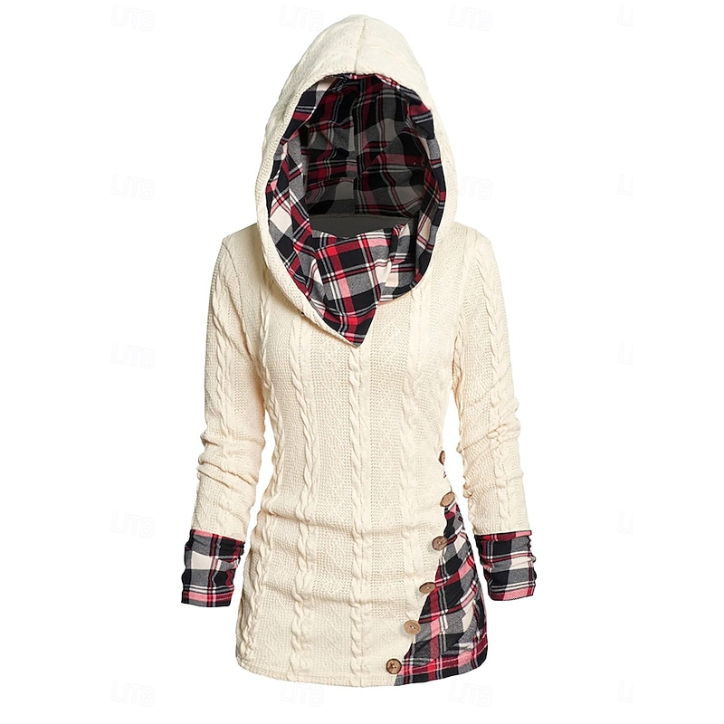 Women's Sweater Pullover Sweater Jumper Casual Soft Plaid Ribbed Hooded Patchwork Knitted Long Sleeve Regular Tops Knit Outdoor Daily Weekend Wine Beige Fall Winter2