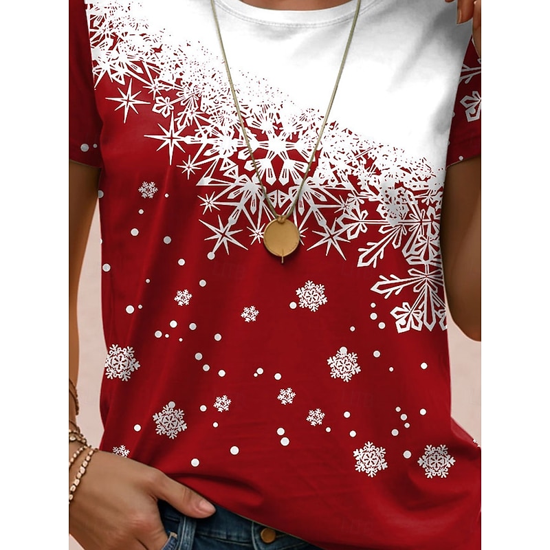 Women's T shirt Snowflake Gradient Print Short Sleeve Round Neck Casual Summer Top Red White Comfort Fit Daily Wear Holiday Fashion3
